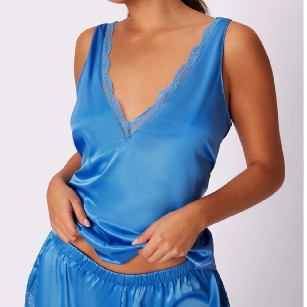 Parade blue Luxe satin Lace Plunge V Tank, size XL